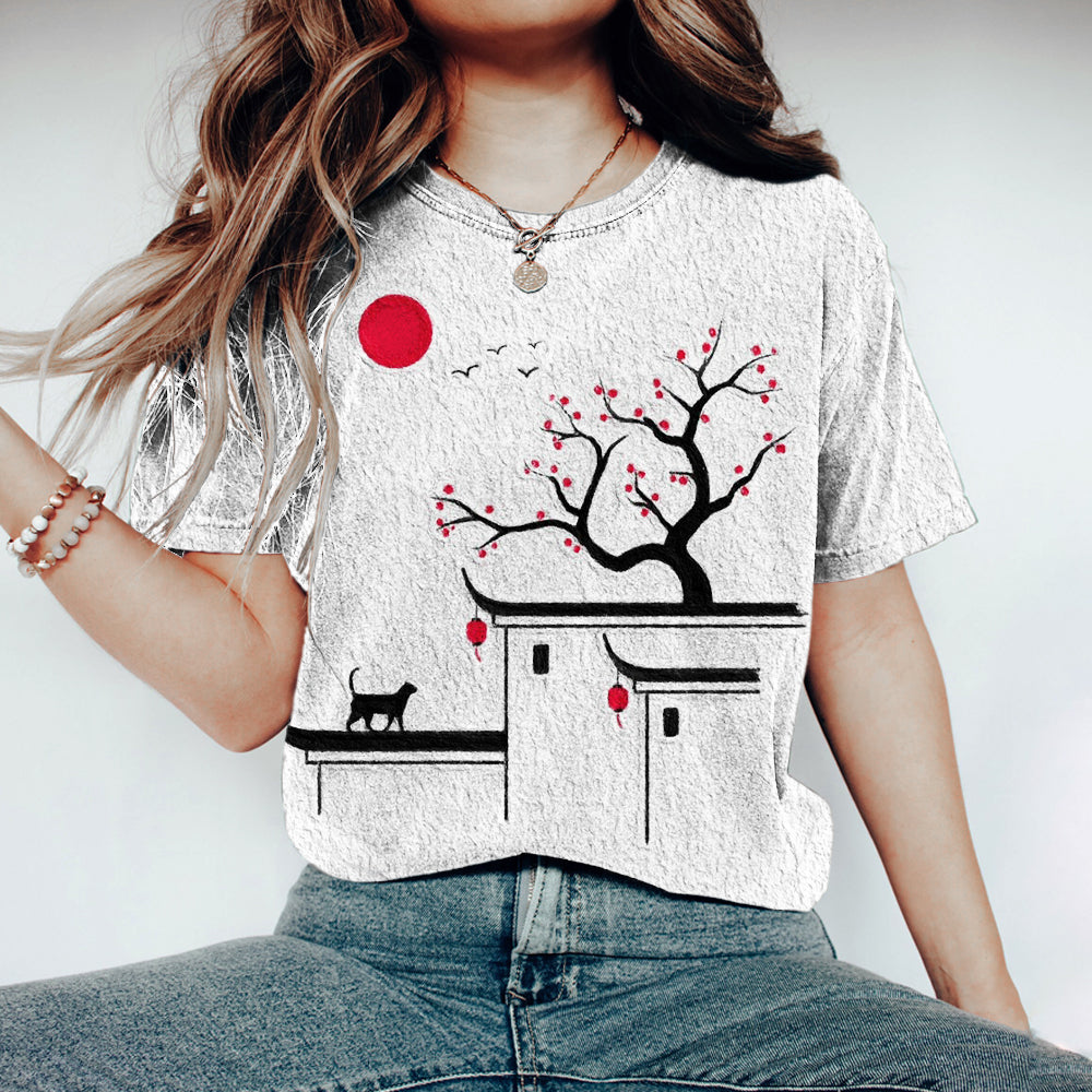 Comstylish Japanese Cat Sakura Print Vintage Women's T-shirt
