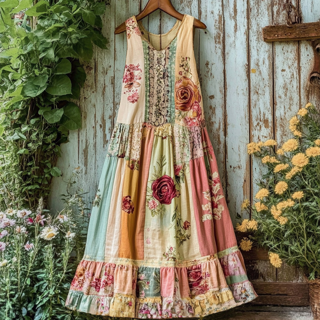 Women's Vintage Floral Pattern Patchwork Midi Dress artswardrobe