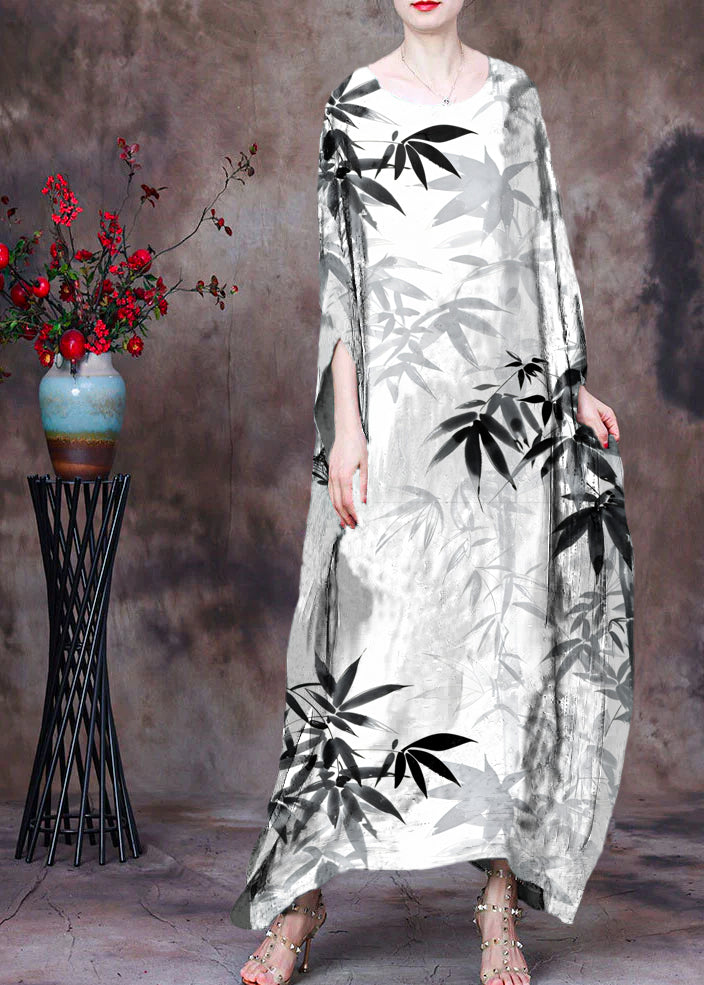 Loose Green O-neck Asymmetrical Design Print Silk Beach Dress Gown Batwing Sleeve