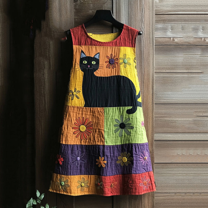 Vintage Black Cat Peeking With Floral Color Block Art Linen Tank Dress artswardrobe