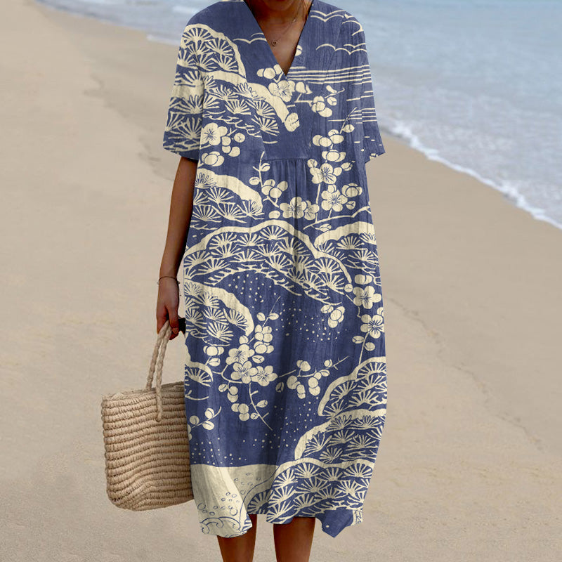 Comstylish Japanese Art Plum Blossom Printed V Neck Casual Midi Dress