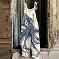 Comstylish Vintage Octopus Japanese Art Print Loose Jumpsuit