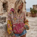 Women's Vintage Bohemian Floral Embroidery Patchwork Art Casual Long Sleeve Hoodie