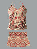 Retro Pattern V-Neck Vintage Flowers Print Suspender Skirt Tankini Pantskirt Set Swimsuit