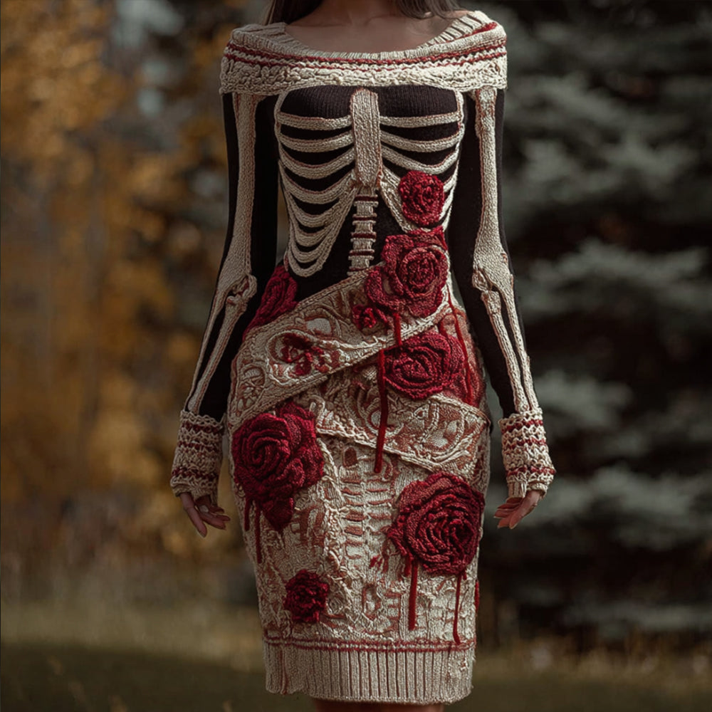 Comstylish Women's Halloween Skeleton Art Wrapped Embroidered Dress