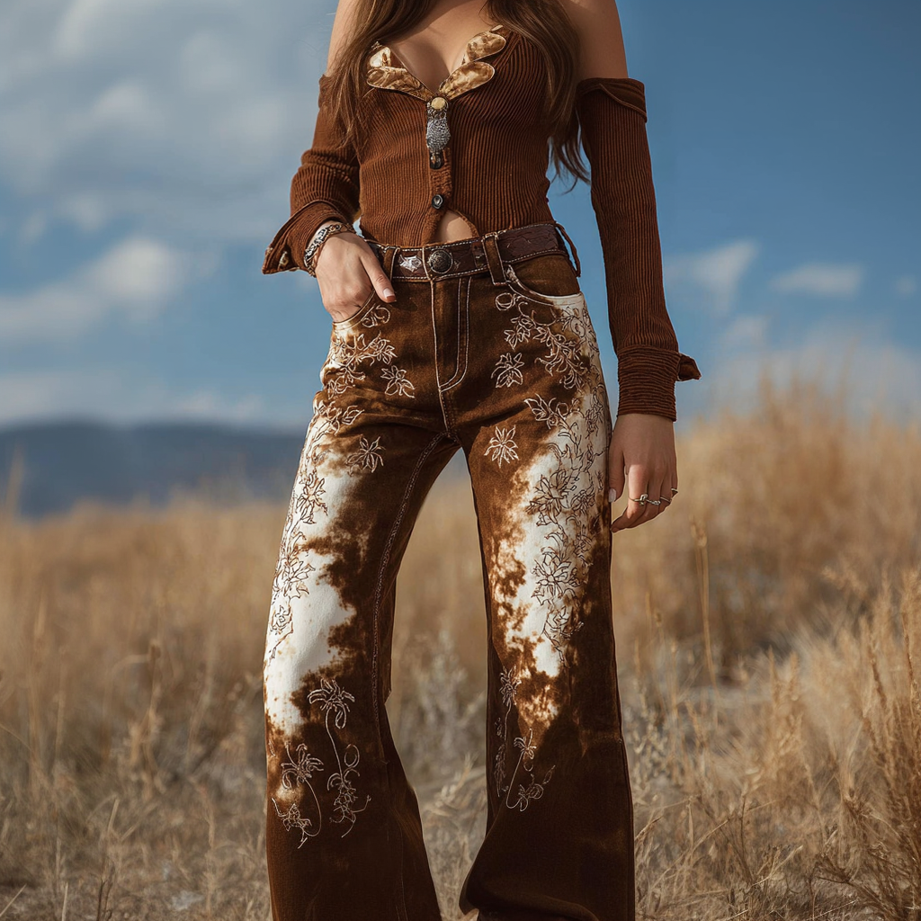 Comstylish Women's Retro Western Style Rendering Design Jeans