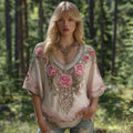 Women's Pink Rose Celtic Knot Art V Neck Linen Comfy T-shirt