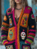 Day Of The Dead Sugar Skull Crochet Colorblock Cozy Knit Cardigan elevenforest