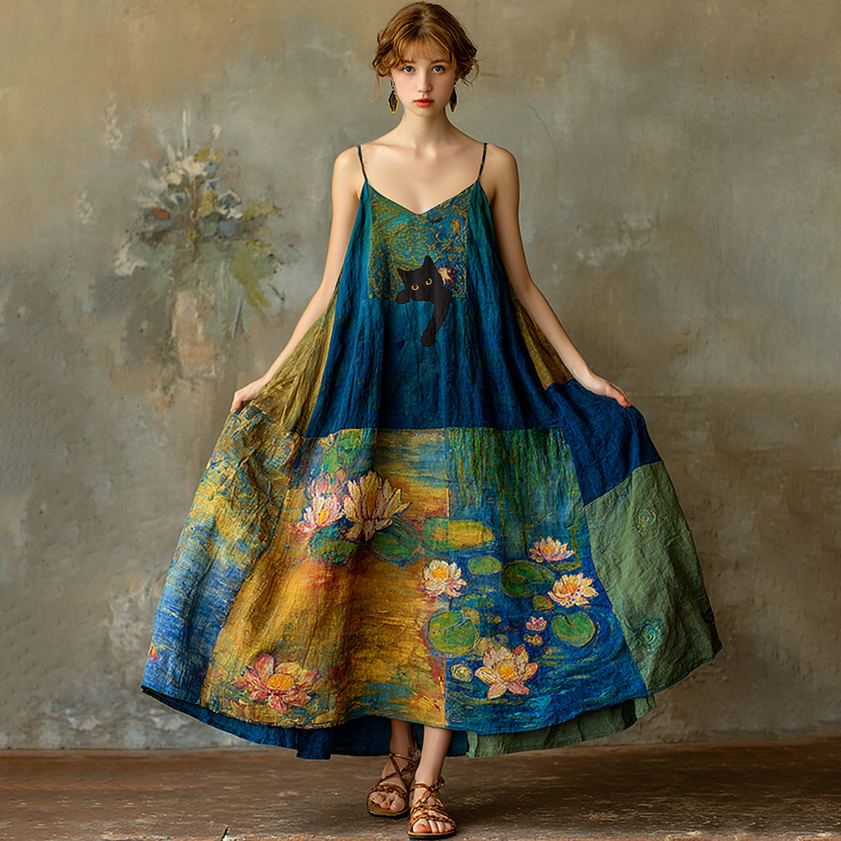 Women's Vintage Oil Painting Water Lily And Black Cat Art Print Suspender Midi Dress artswardrobe