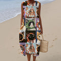 Comstylish Fun Babushka Cat Patchwork Pattern Women's Linen Vest Dress