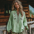 Women's Vacation Boho Floral And Birds Print Linen Blend Tops elevenforest