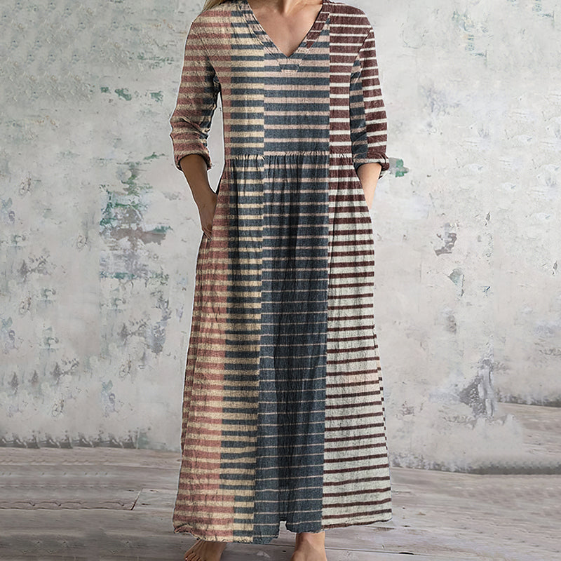 Vintage Striped Print V-neck Linen Blend Midi Dress artswardrobe
