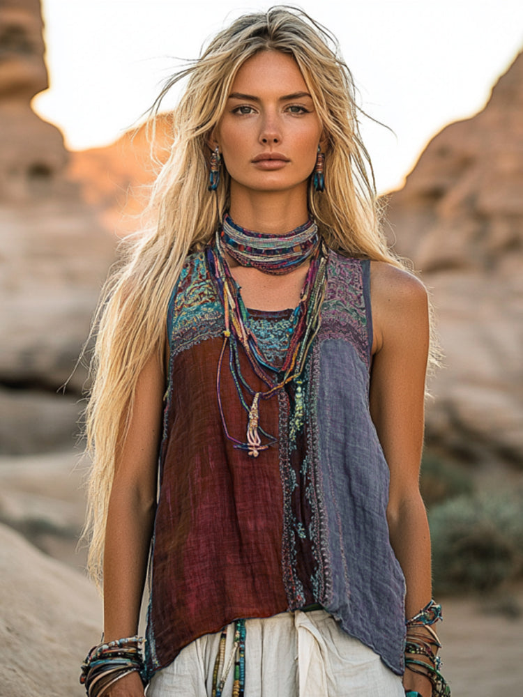 Women's Bohemia Ethnic Patchwork Style Linen Sleeveless Top artswardrobe