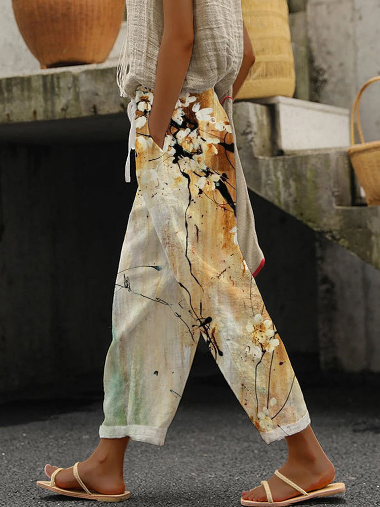Comstylish Vintage Ink Flower Print Casual Cotton Linen Pants