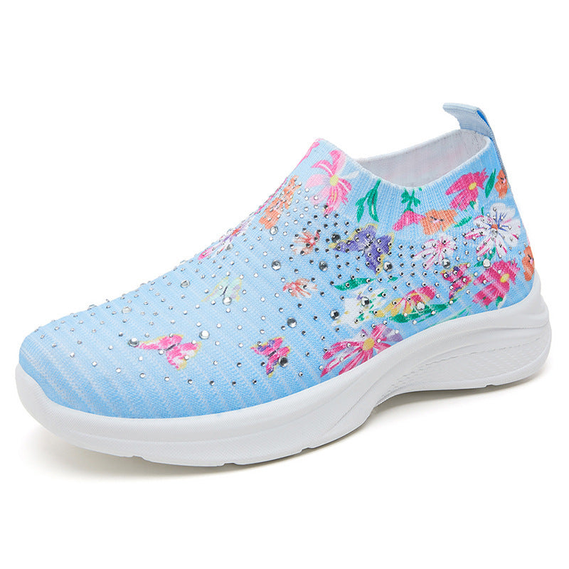 Comstylish Vintage Japanese Floral Rhinestone Casual Sneakers