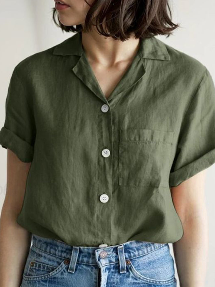 Comstylish Solid Color Pocket Linen Blend Short Sleeve Shirt
