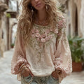Women's Vintage Pink Rose Embroidery Art Round Neck Long Sleeve T-shirt