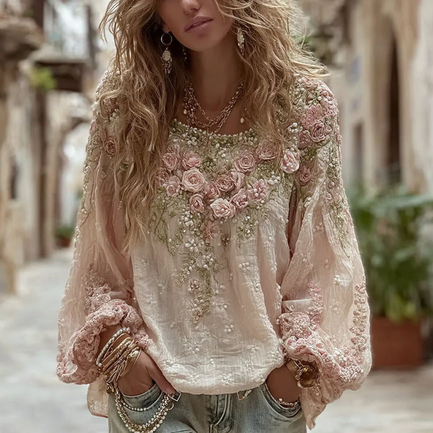 Women's Vintage Pink Rose Embroidery Art Round Neck Long Sleeve T-shirt