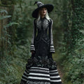 Comstylish Halloween Skeleton & Rose Stripe Art Women's Knit Crew Neck Maxi Dress