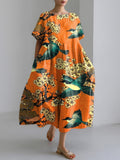 Comstylish Women's Japanese Art Inspired Print Linen Blend Dress