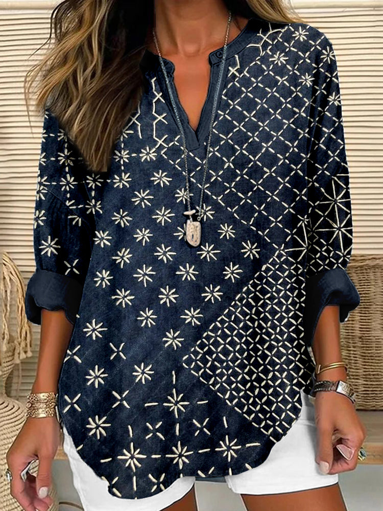 Comstylish Japanese Sashiko Art Linen Blend Cozy Shirt