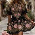 Women's Classic Romantic Pink Rose Embroidery Art Comfy Linen Mini Dress artswardrobe