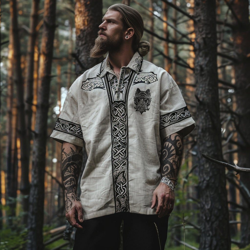 Men's Viking Celtic Mythology Wolf Head Triangle Pattern Lapel Shirt artswardrobe