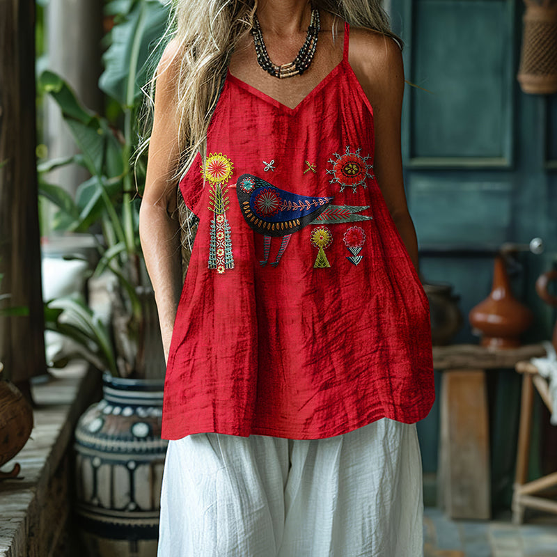 Women's Floral And Bird Embroidery Art Cotton And Linen Vest artswardrobe