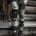Halloween Black Cat Colorblock Patchwork Cozy Knit Leggings