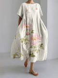 Peony Print Round Neck Short Sleeve Midi Dress
