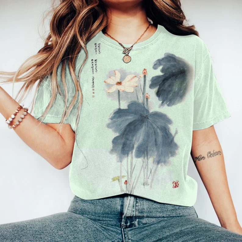 Comstylish Japanese Retro Orchid Ink Wash Painting Art Linen Casual Cotton T-Shirt