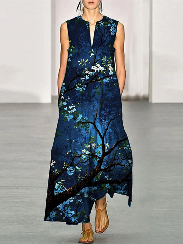 Comstylish Japanese Floral Patchwork Women's V-neck Vest Maxi Dress
