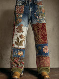 Comstylish Women's Vintage Patchwork Floral Art Washed Blue Jeans