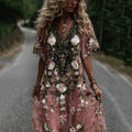 Women's Vintage Romantic Pink Rose Embroidery Art Comfy Linen Midi Dress artswardrobe