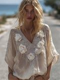 Bohemian Style White Flower V-neck Vintage Linen Short-sleeved Shirt artswardrobe