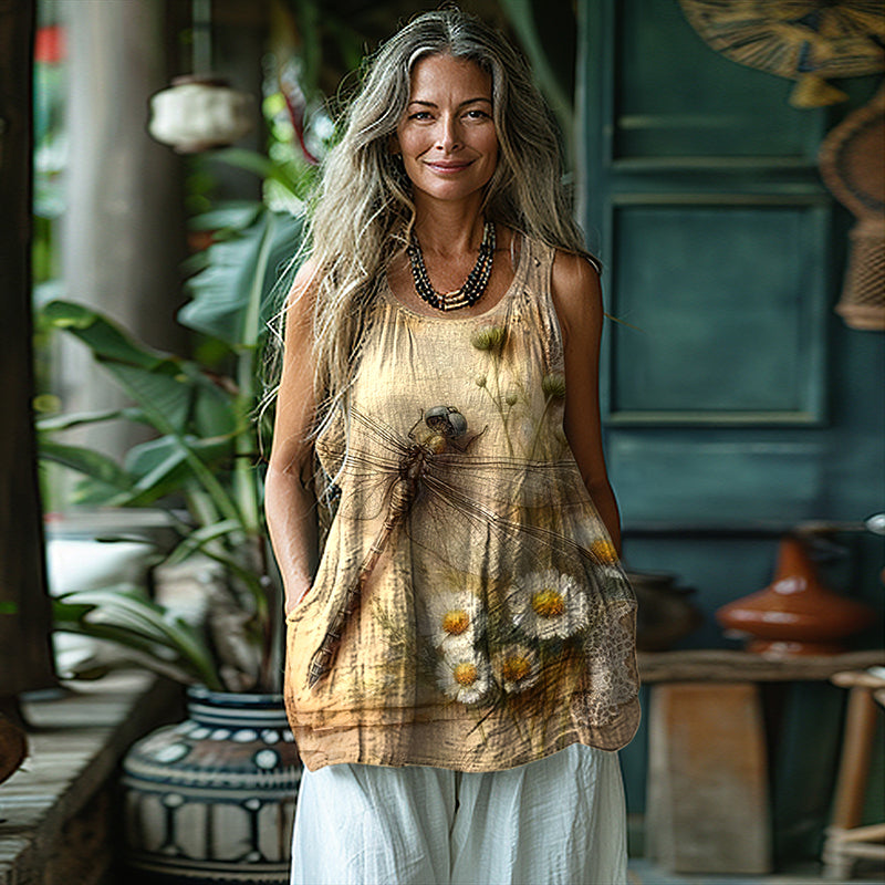 Women's Vintage Butterfly Floral Art Cotton And Linen Vest artswardrobe
