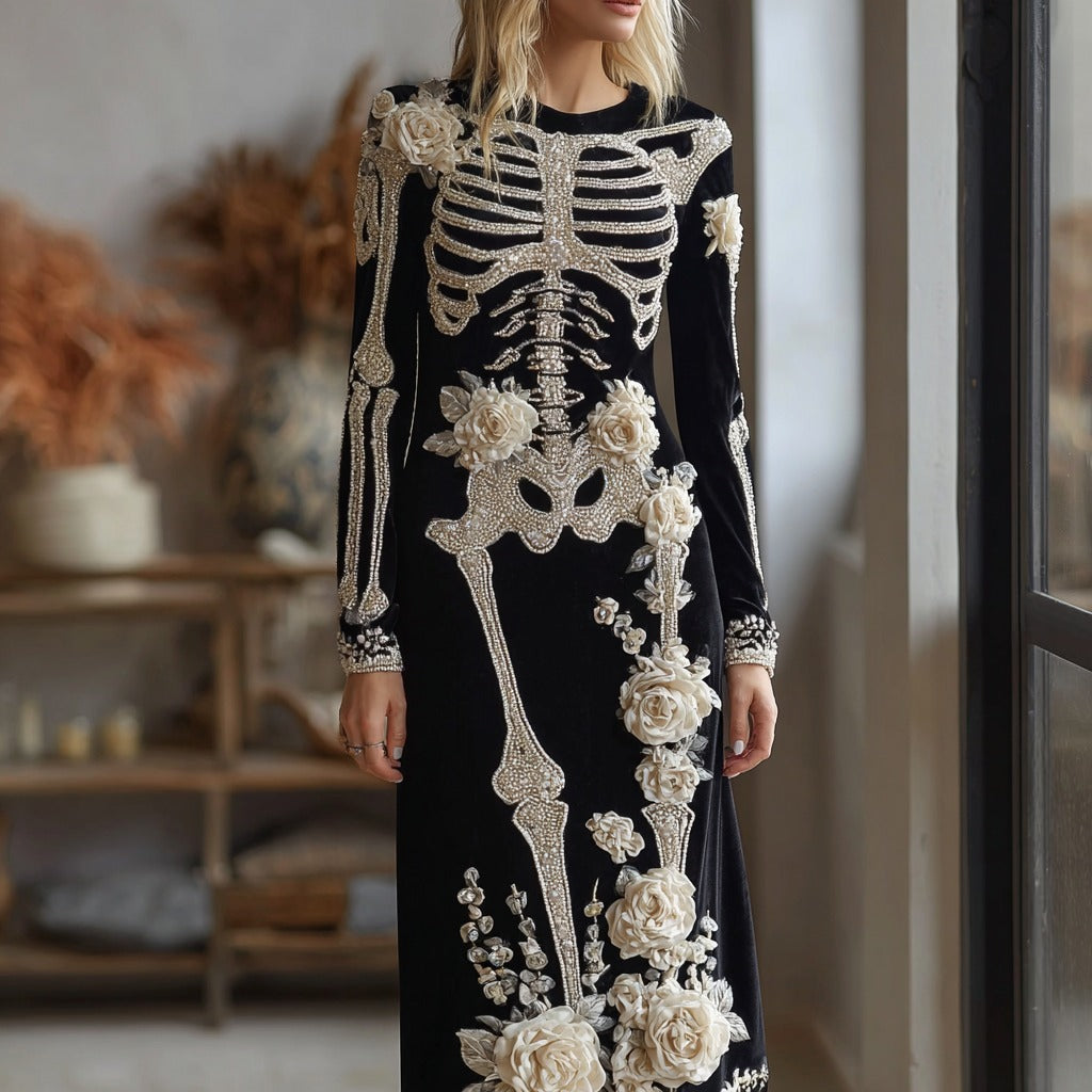Comstylish Women's Halloween Dark Gothic Rose Skeleton Velvet Round Neck Maxi Dress