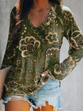Women's Casual Vintage Ethnic Floral Art Print V Neck Long Sleeve Tops