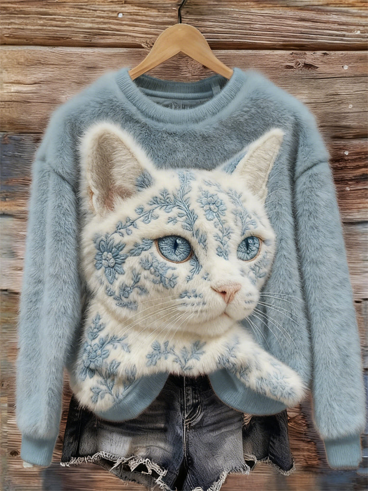 Comstylish Classy Floral Cat Face Embroidered Cozy Plush Sweatshirt