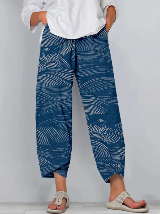 Comstylish The Water Pattern Linen Blend Cropped Casual Pants