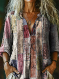Women's Vintage Floral Art Print Casual Cotton Linen Shirt