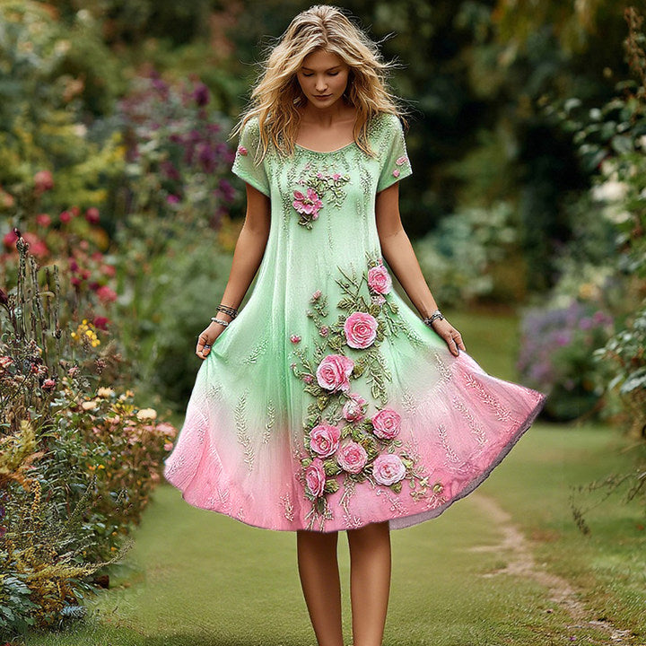 Women's Retro Floral Embroidery Gradient Pattern Round Neck Short Dress artswardrobe