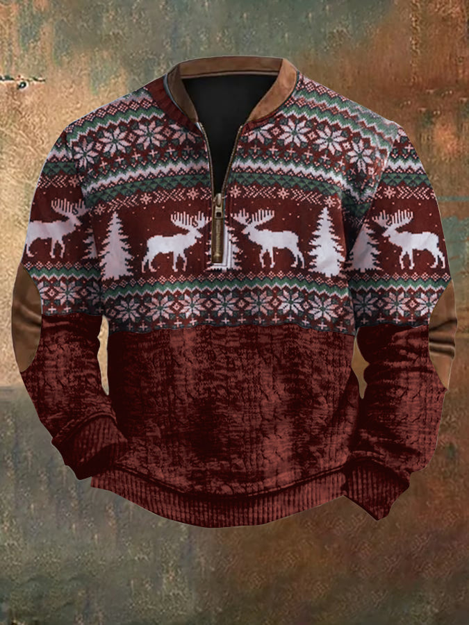 Comstylish Men's Vintage Merry Christmas Deer Print Sweatshirt
