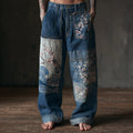 Comstylish Men's Vintage Cherry Blossom And Sea Wave Embroidery Jeans