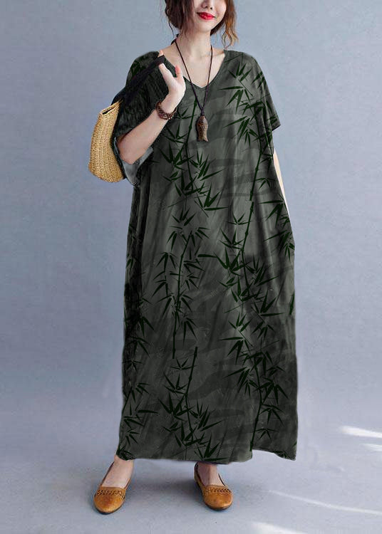 Italian Green Lotus V Neck Pockets Print Summer Holiday Dress Short Sleeve