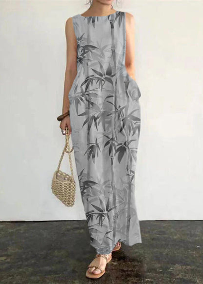 Grace Blue Flowers Print Pockets Long Dresses Sleeveless