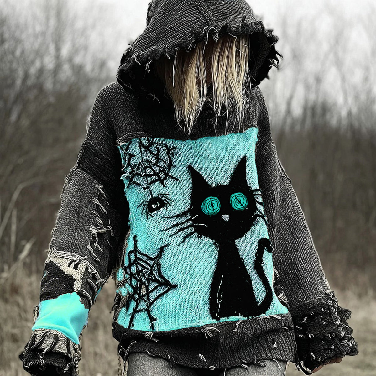 Halloween Scared Black Cat Patchwork Stitched Cozy Knit Hooded elevenforest