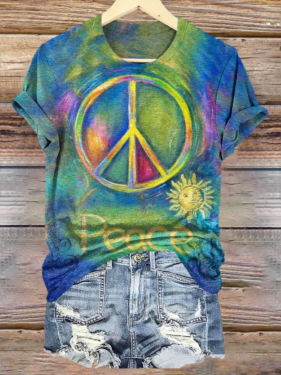 Women's Hippie Peace Tie-Dye Pattern Print Crew Neck T-shirt