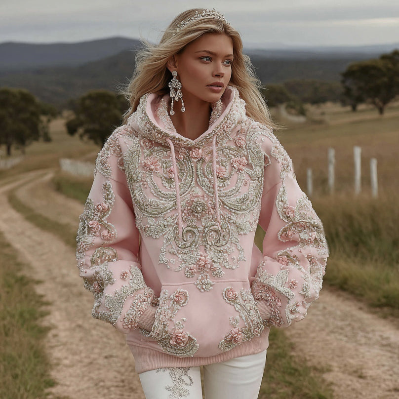 Comstylish Women's Flower Embroidery Art Long Sleeve Casual Hoodie