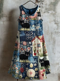 Black Cats Embroidered Cottage Floral Textile Linen Tank Dress artswardrobe